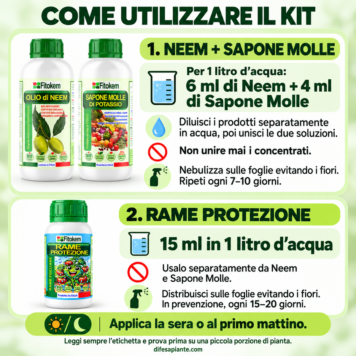 Kit Fitokem con Olio di Neem solubile 1 L, Sapone Molle di Potassio 1 L e Rame Protezione 250 ml per la cura delle piante di orto e giardino.