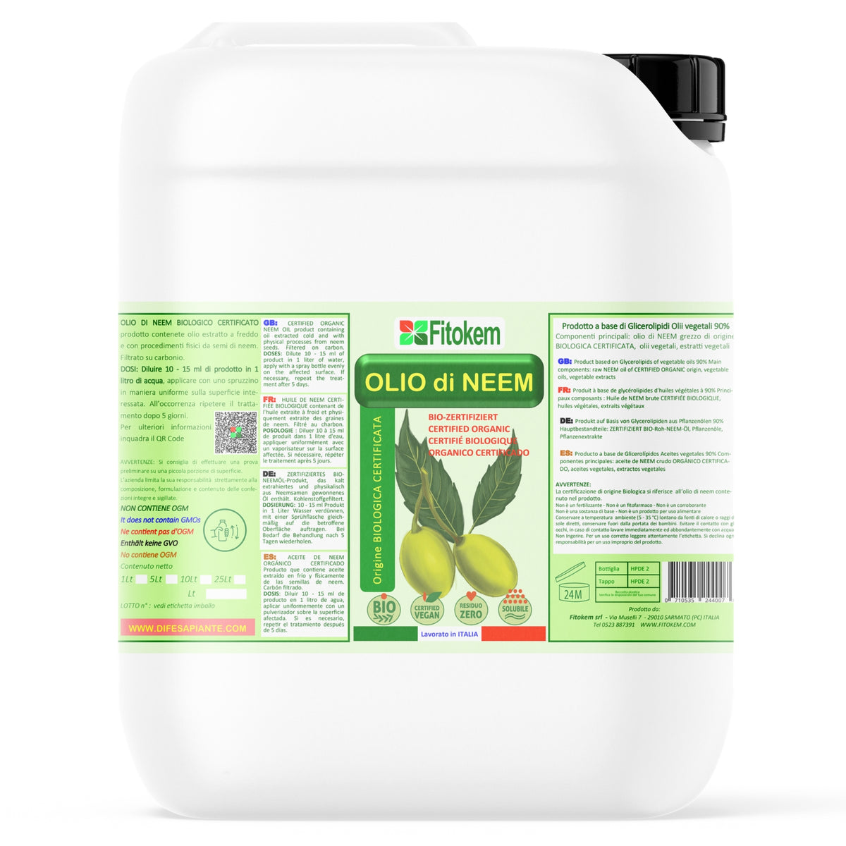 Olio di Neem solubile Fitokem 1 L, concentrato da diluire in acqua per la cura delle piante di orto e giardino.