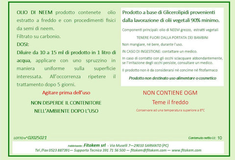 Olio di Neem 10L - N10+B Difesa piante biologico naturale