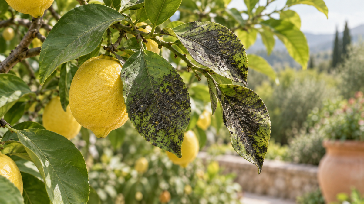 Foglie di limone colpite da fumaggine con patina nera
