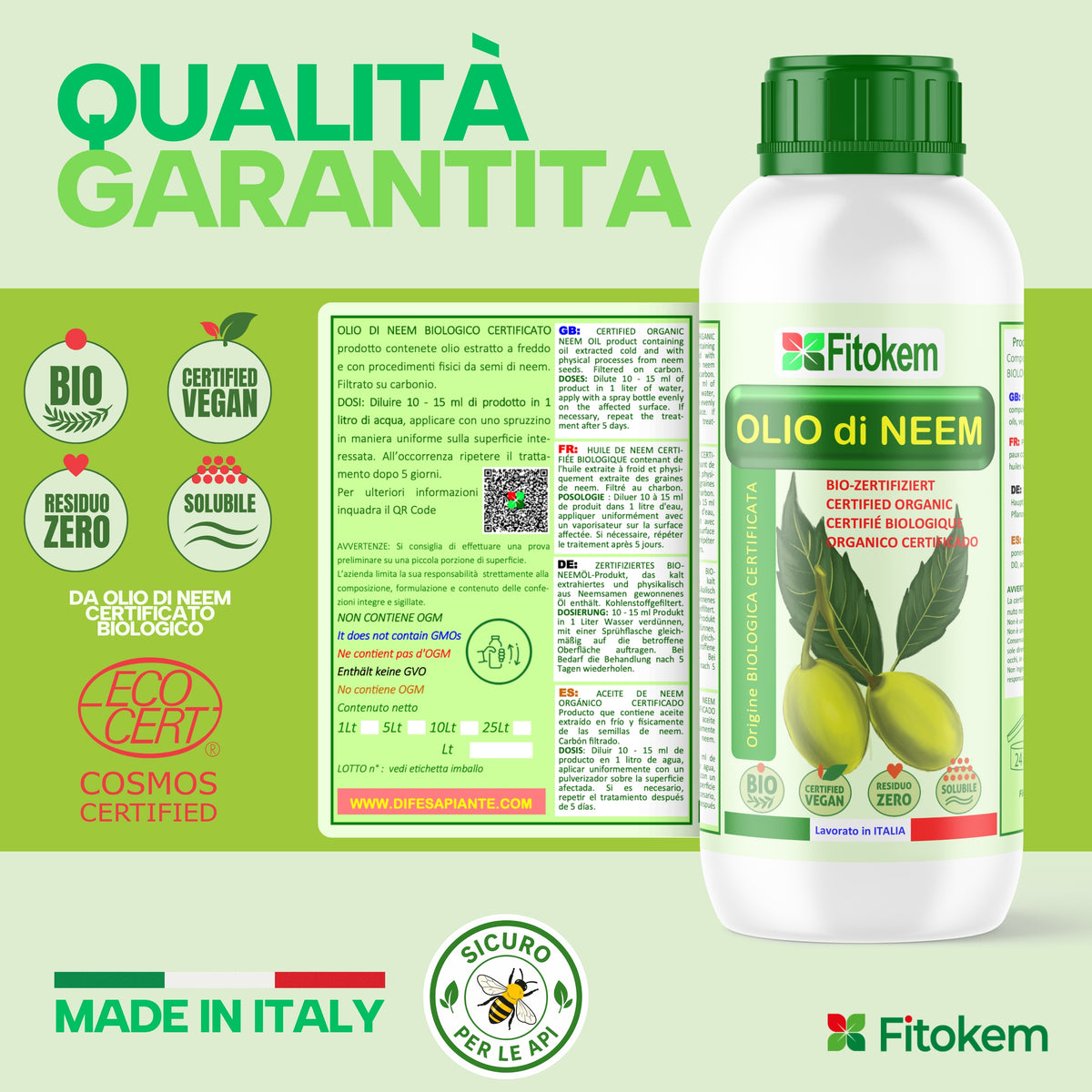 Kit Fitokem con Olio di Neem solubile 1 L per la cura delle piante di orto e giardino