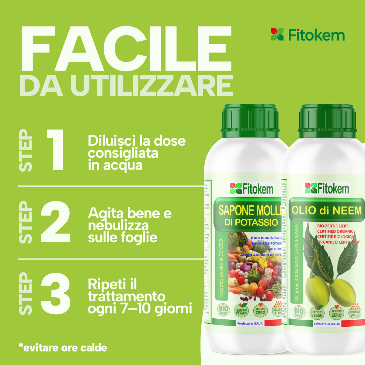 Kit Fitokem con Olio di Neem solubile 1 L, Sapone Molle di Potassio 1 L per la cura delle piante di orto e giardino