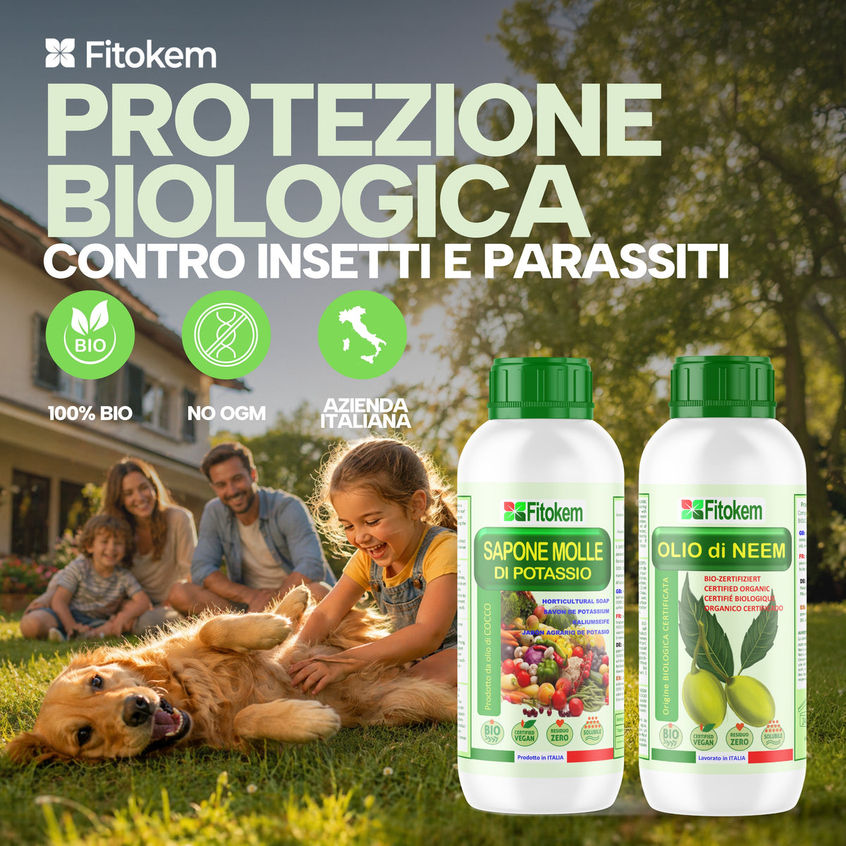 Kit Fitokem con Olio di Neem solubile 1 L, Sapone Molle di Potassio 1 L per la cura delle piante di orto e giardino