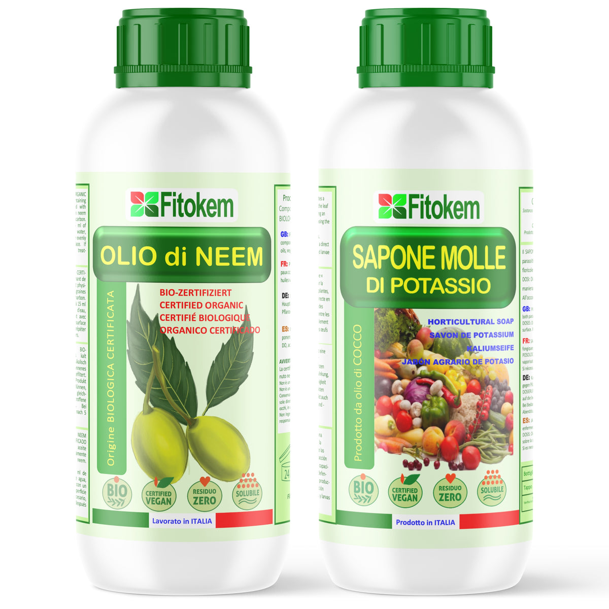 Kit Fitokem con Olio di Neem solubile 1 L, Sapone Molle di Potassio 1 L per la cura delle piante di orto e giardino