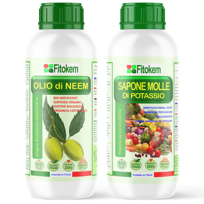 Kit Fitokem con Olio di Neem solubile 1 L, Sapone Molle di Potassio 1 L per la cura delle piante di orto e giardino