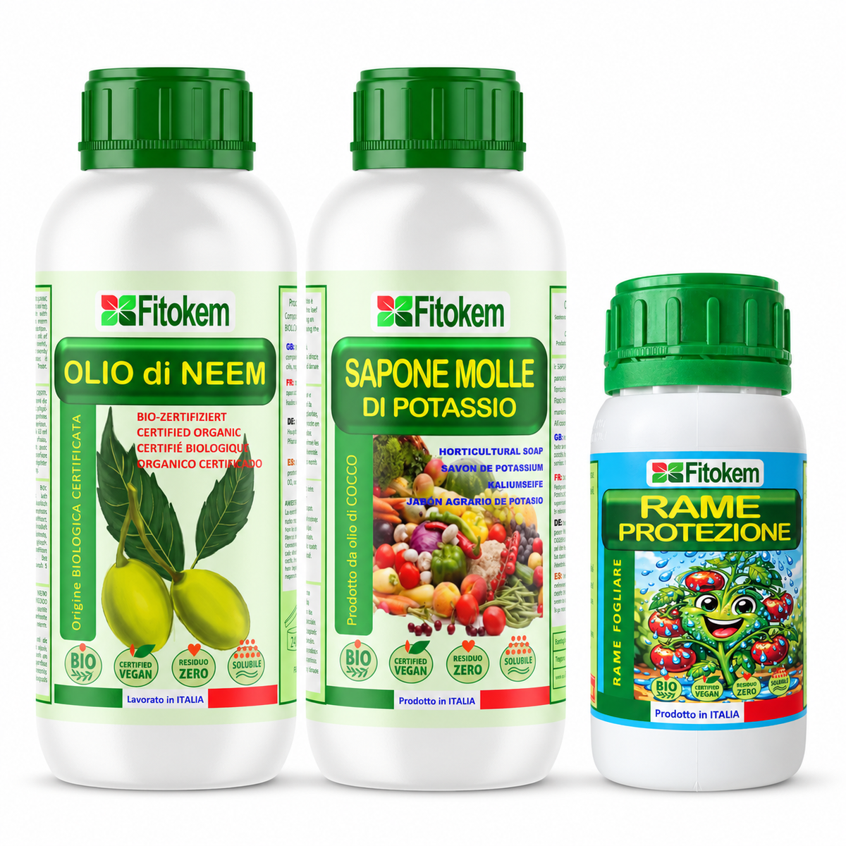 Kit Fitokem con Olio di Neem solubile 1 L, Sapone Molle di Potassio 1 L e Rame Protezione 250 ml per la cura delle piante di orto e giardino.