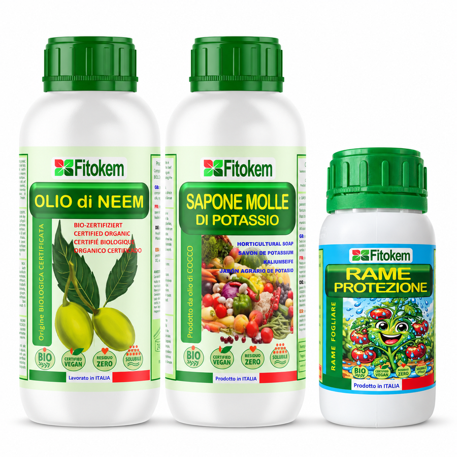 Kit Fitokem con Olio di Neem solubile 1 L, Sapone Molle di Potassio 1 L e Rame Protezione 250 ml per la cura delle piante di orto e giardino.