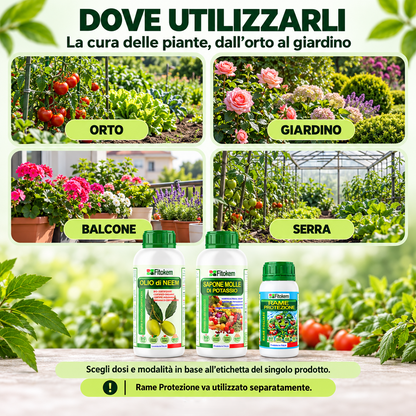 Kit Fitokem con Olio di Neem solubile 1 L, Sapone Molle di Potassio 1 L e Rame Protezione 250 ml per la cura delle piante di orto e giardino.