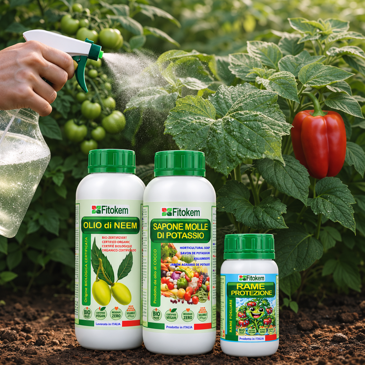 Kit Fitokem con Olio di Neem solubile 1 L, Sapone Molle di Potassio 1 L e Rame Protezione 250 ml per la cura delle piante di orto e giardino.