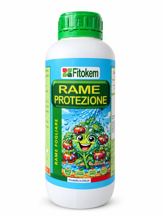 Rame Protezione Fitokem, flacone da 250 ml: concime liquido con rame al 5% per prevenire le carenze di rame nelle piante di orto e giardino.