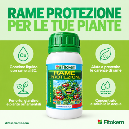 Rame Protezione Fitokem, flacone da 250 ml: concime liquido con rame al 5% per prevenire le carenze di rame nelle piante di orto e giardino.