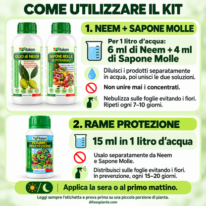Kit Fitokem con Olio di Neem solubile 1 L, Sapone Molle di Potassio 1 L e Rame Protezione 250 ml per la cura delle piante di orto e giardino.