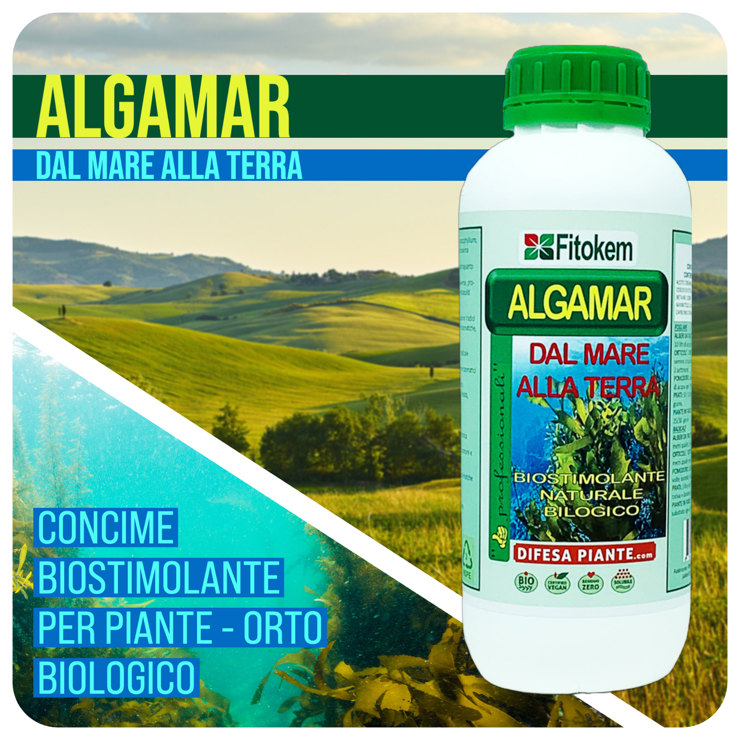 ALGAMAR - Concime Biologico Biostimolante per piante con alghe brune - 1L Fitokem Difesa piante olio di neem biologico naturale