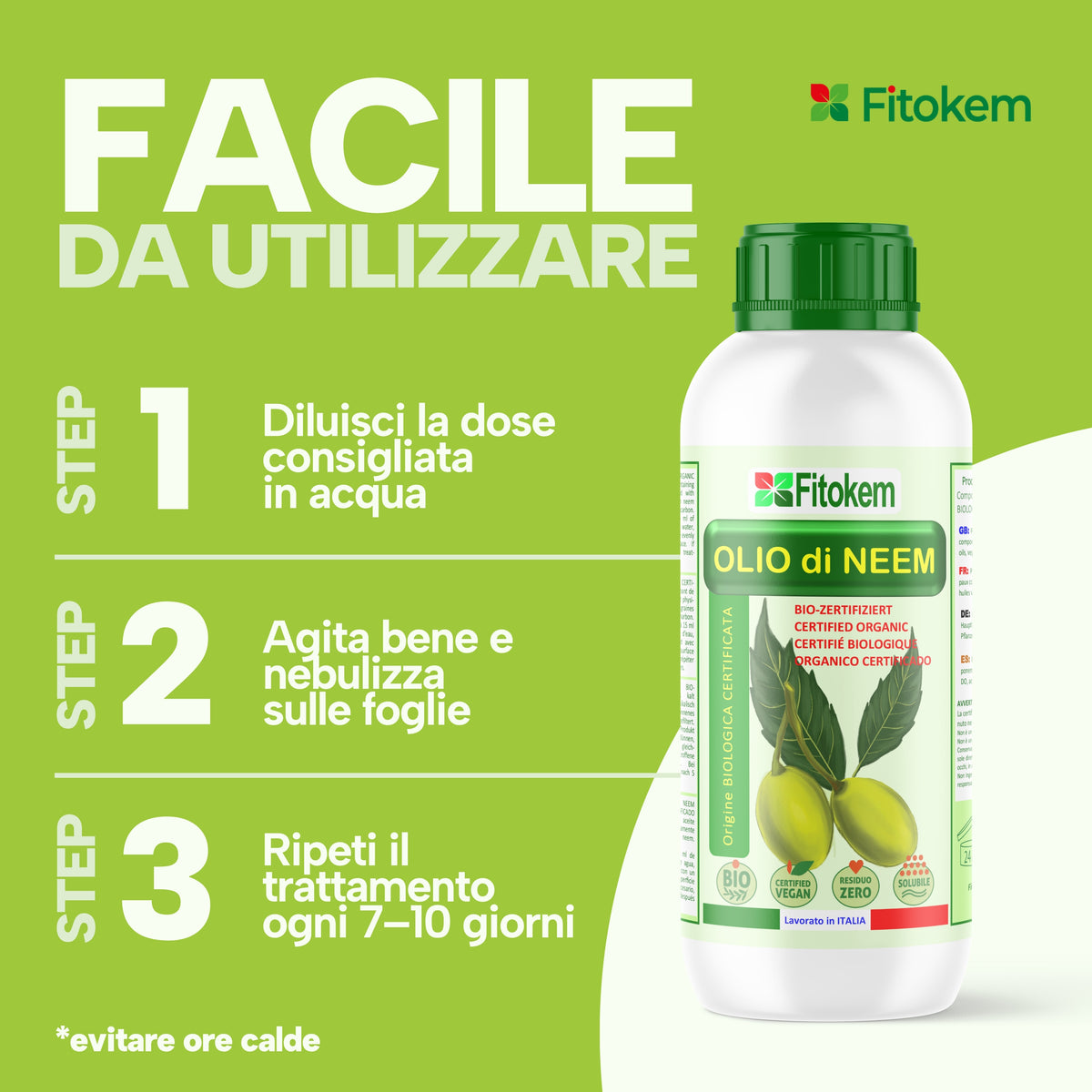 Olio di Neem solubile Fitokem 1 L, concentrato da diluire in acqua per la cura delle piante di orto e giardino.
