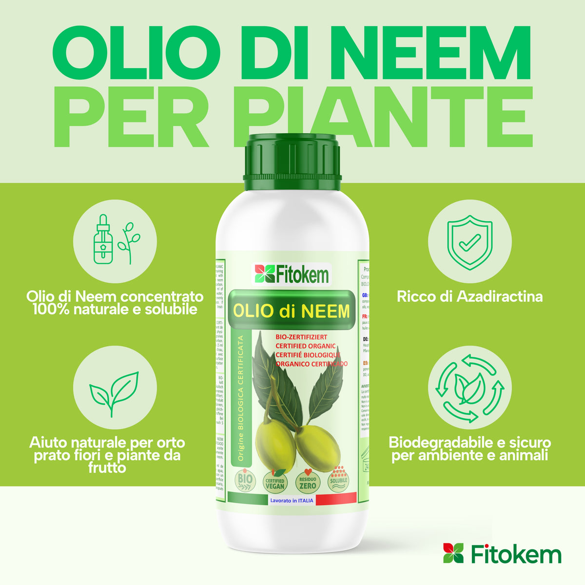 Olio di Neem solubile Fitokem 1 L, concentrato da diluire in acqua per la cura delle piante di orto e giardino.