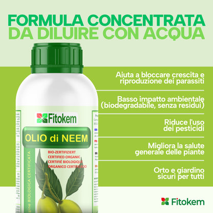 Olio di Neem solubile Fitokem 1 L, concentrato da diluire in acqua per la cura delle piante di orto e giardino.