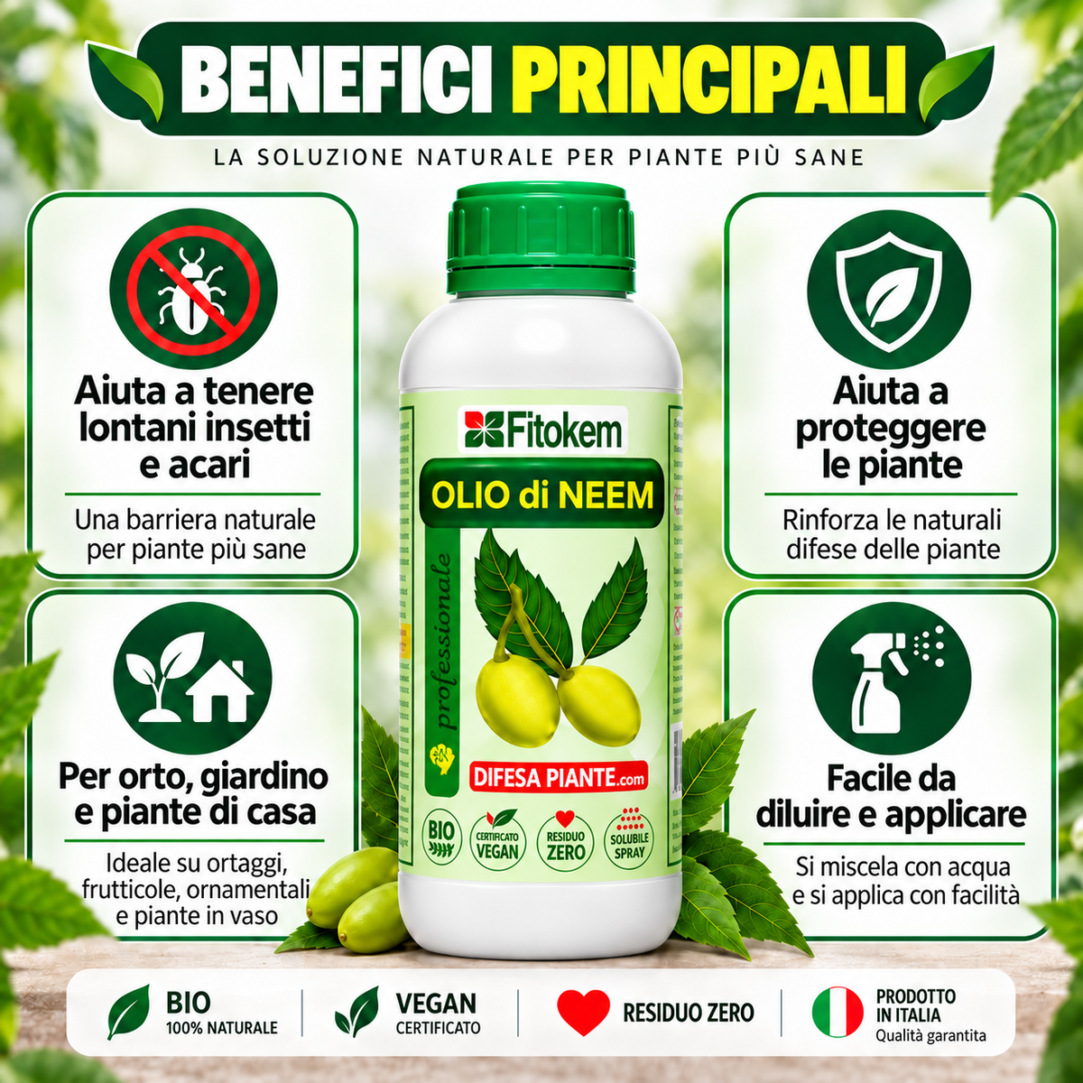 Benefici principali dell'Olio di Neem Fitokem per orto, giardino e piante