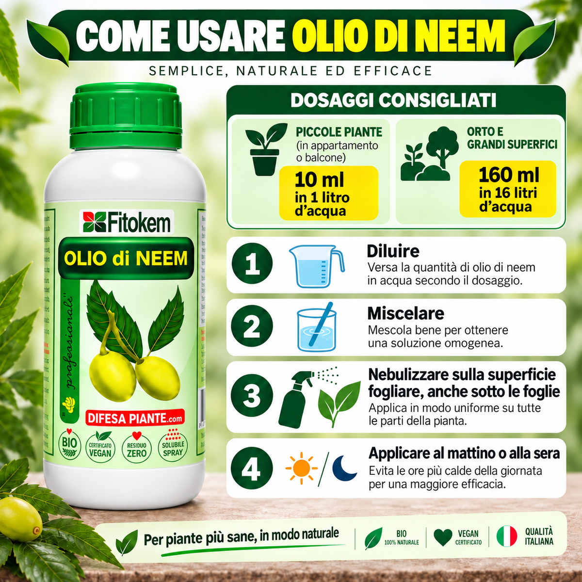 Come usare l'Olio di Neem Fitokem con dosaggi e modalità di applicazione