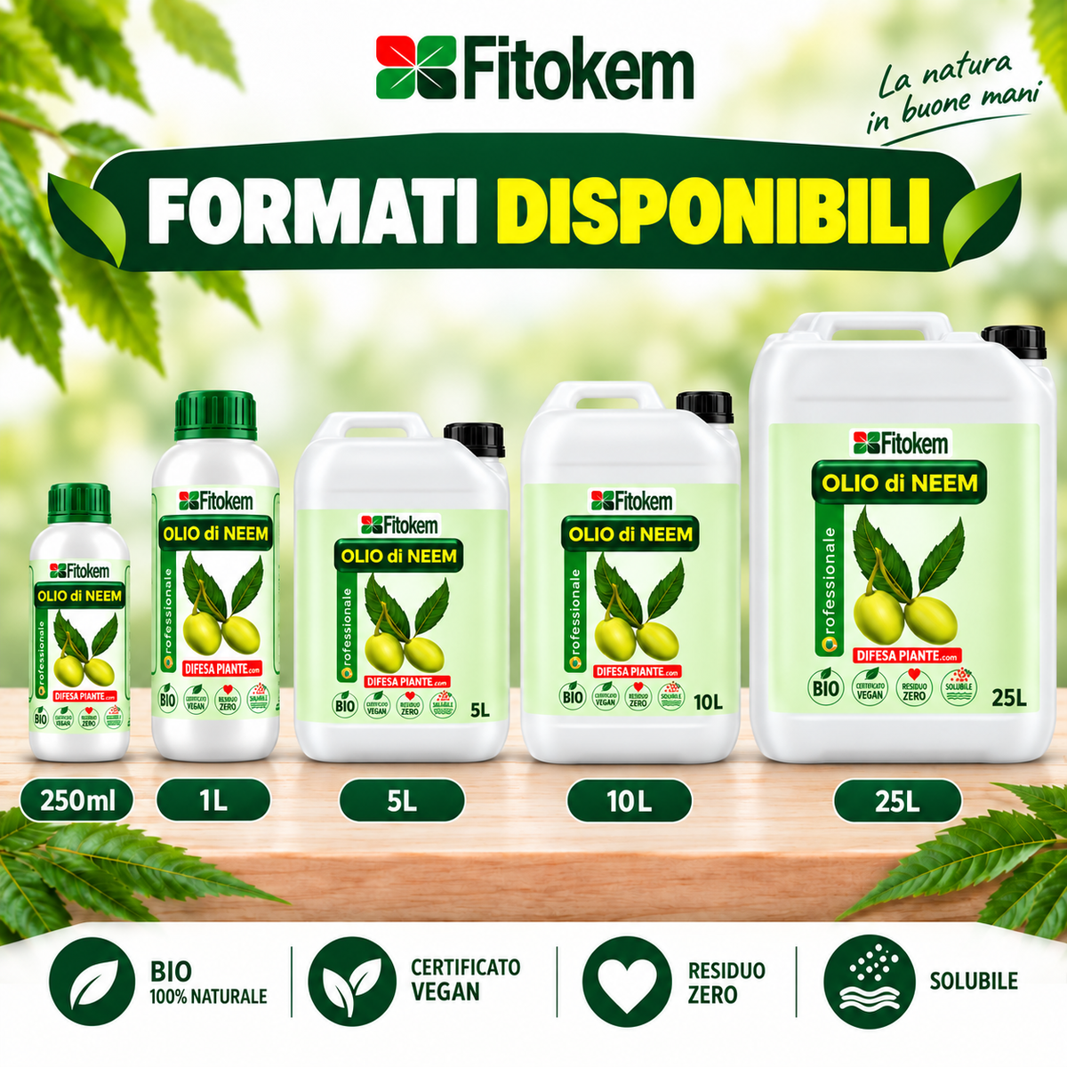 Formati disponibili dell'Olio di Neem Fitokem da 250 ml a 25 L