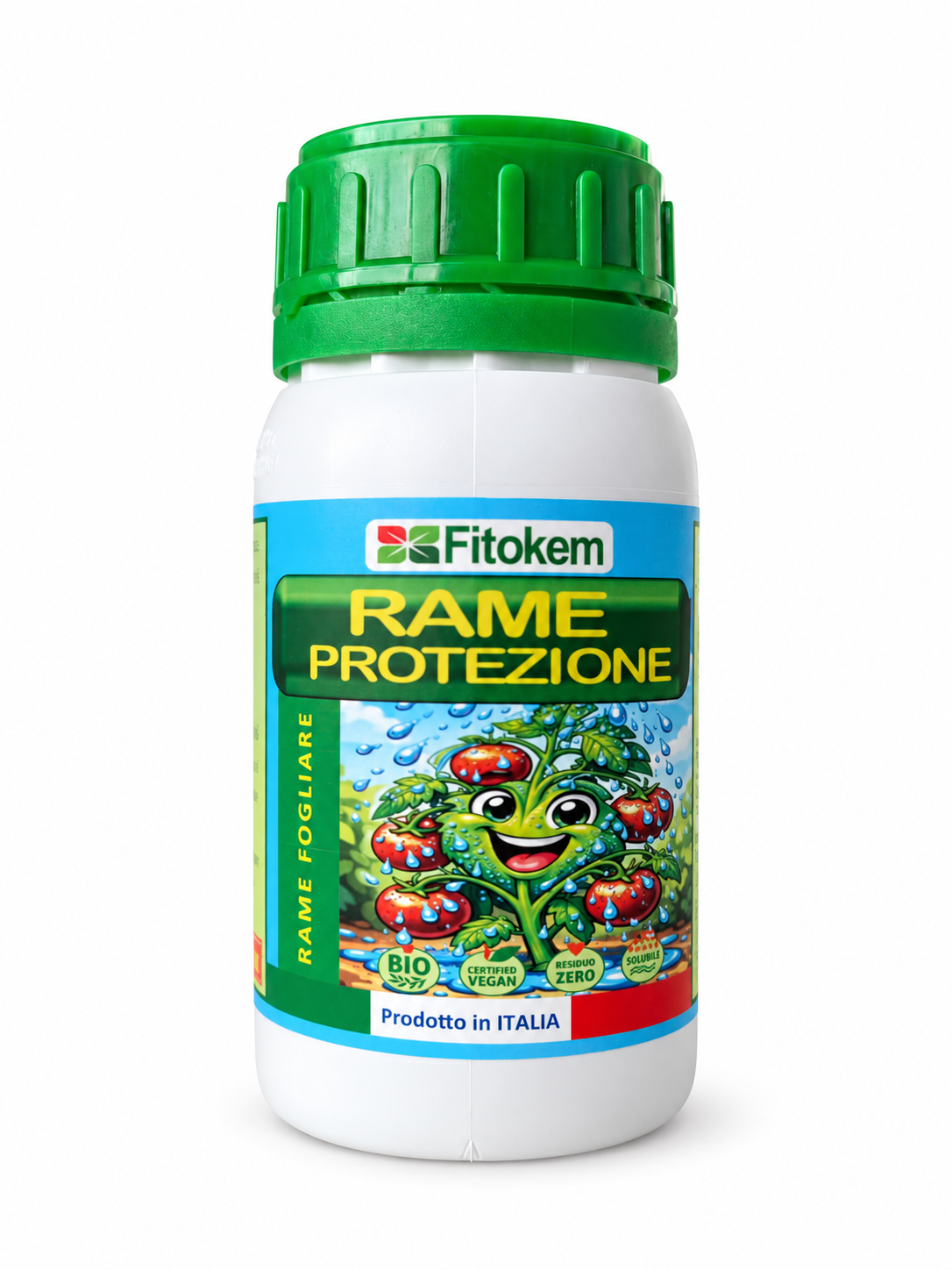 Rame Protezione Fitokem, flacone da 250 ml: concime liquido con rame al 5% per prevenire le carenze di rame nelle piante di orto e giardino.