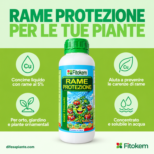 Rame Protezione Fitokem, flacone da 250 ml: concime liquido con rame al 5% per prevenire le carenze di rame nelle piante di orto e giardino.