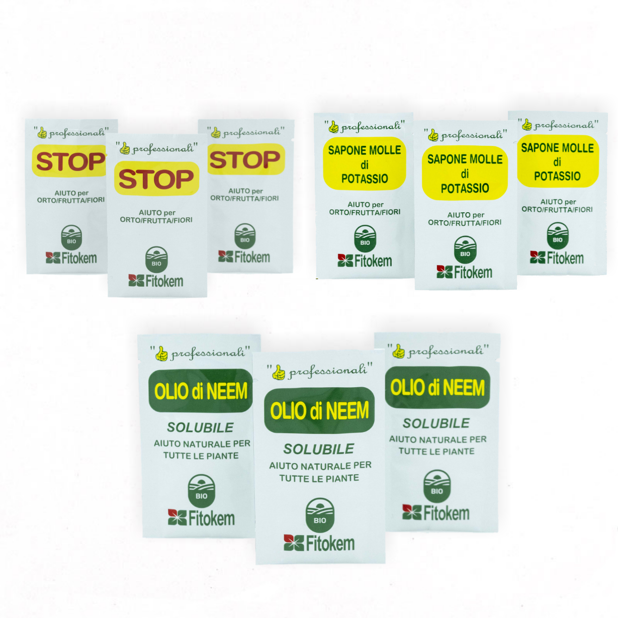 Olio di Neem 3pz + Sapone mole 3pz + STOP 3pz Offerta bustine monodose Difesa piante biologico naturale