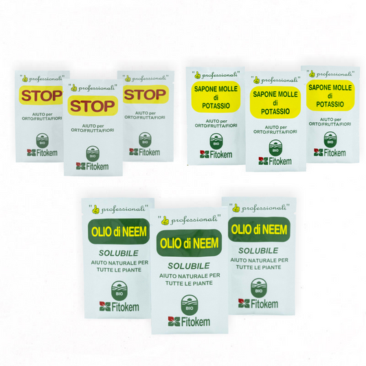 Olio di Neem 3pz + Sapone mole 3pz + STOP 3pz Offerta bustine monodose Difesa piante biologico naturale