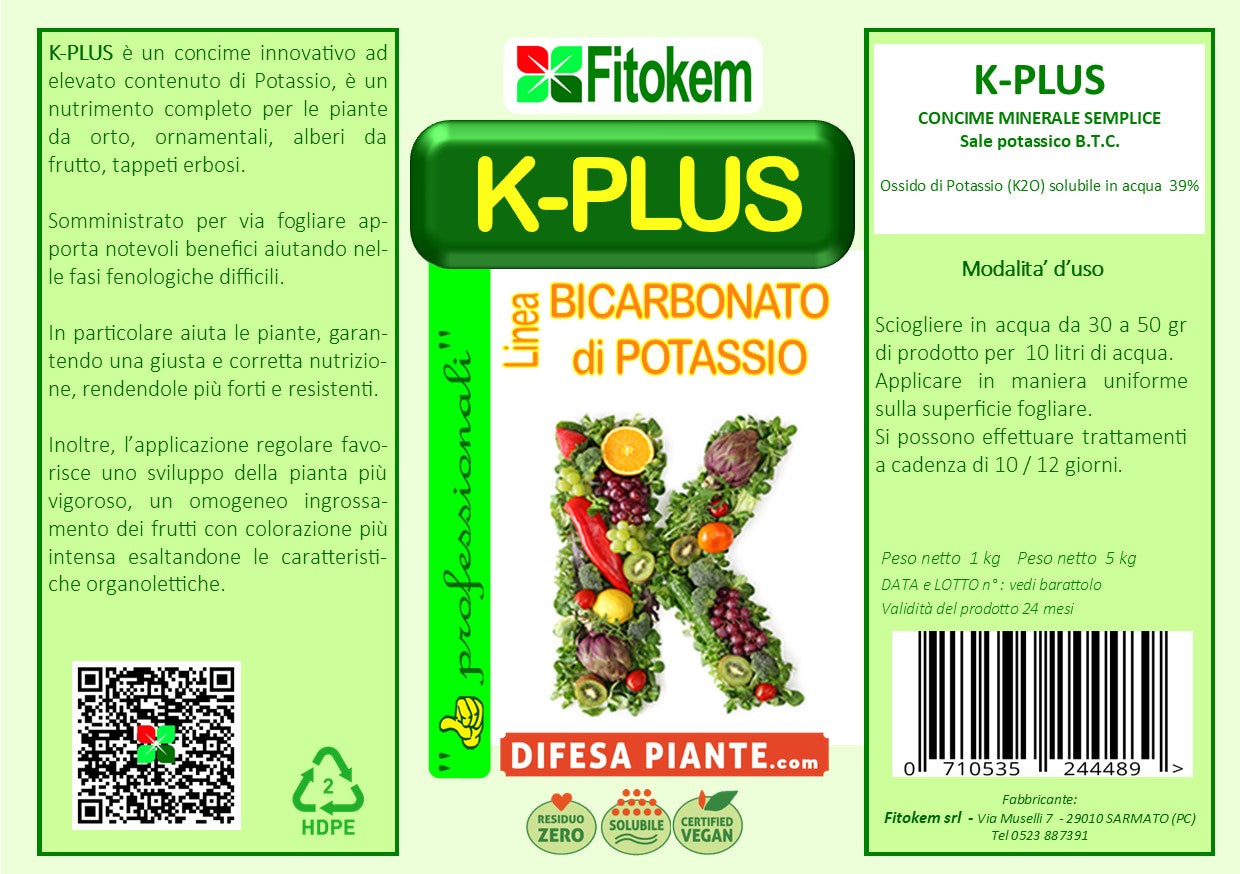 Bicarbonato di potassio concime minerale K-Plus - 1kg - Fitokem Difesa piante olio di neem biologico naturale