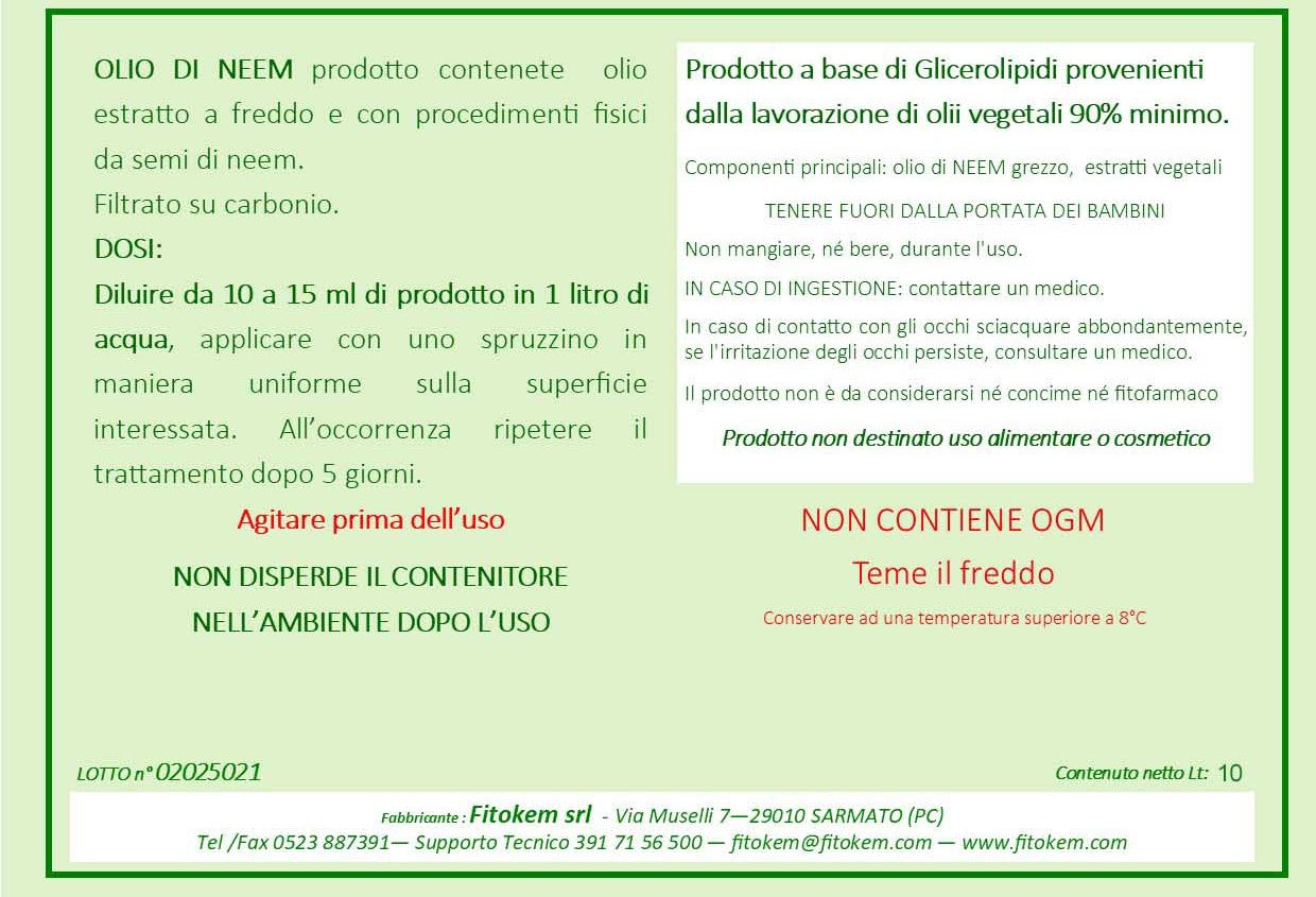 Olio di Neem 10L - N10+B Difesa piante biologico naturale