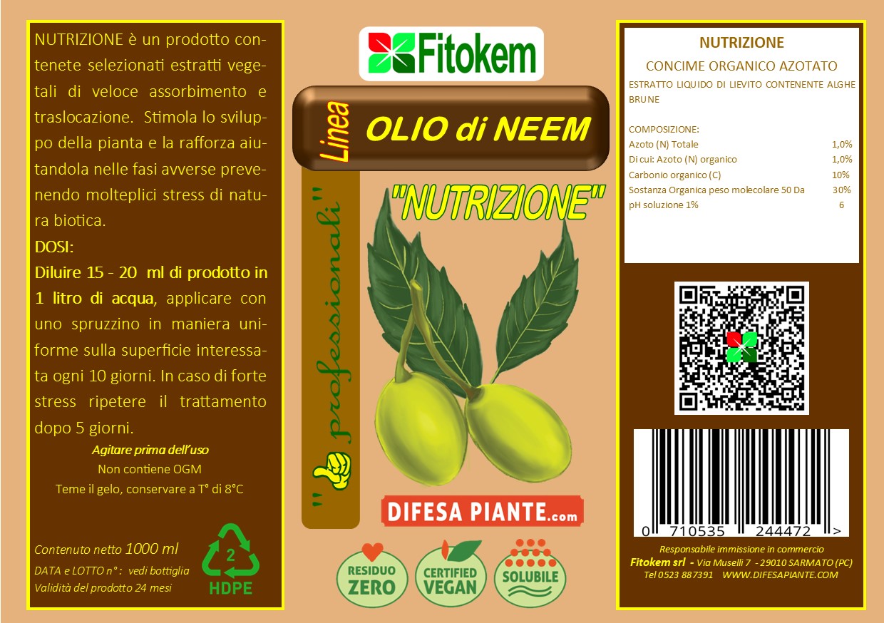 Olio di neem "NUTRIZIONE" 1L - FITOKEM - Biostimolante fogliare Difesa piante olio di neem biologico naturale